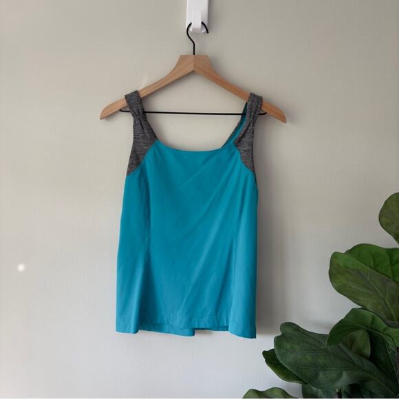 Lululemon Teal and Gray Athletic Tank Top Logo Pocket Ruched Stretch Sleeveless - Picture 2 of 7